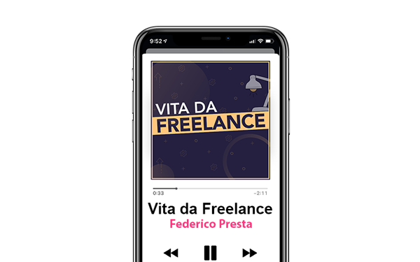 Mockup di un telefono con il podcast player di Vita da Freelance